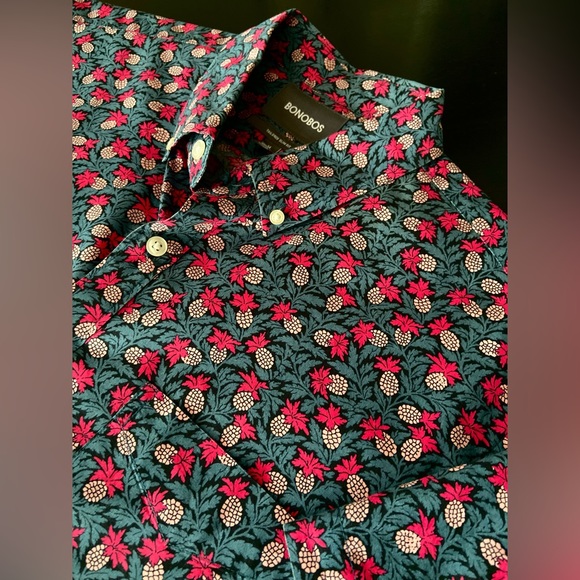BONOBOS Tailored Slim Fit Tropical Pink Pineapple Cotton Shirt sz Medium Short - Picture 2 of 6
